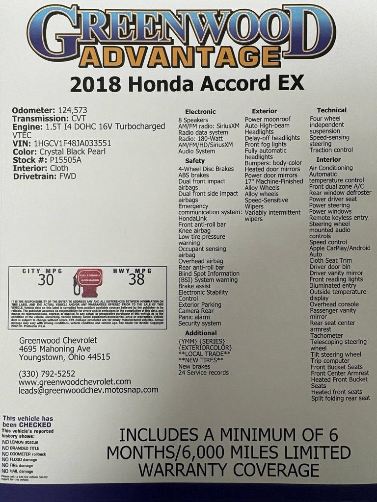 2018 Honda Accord Sedan EX 1.5T