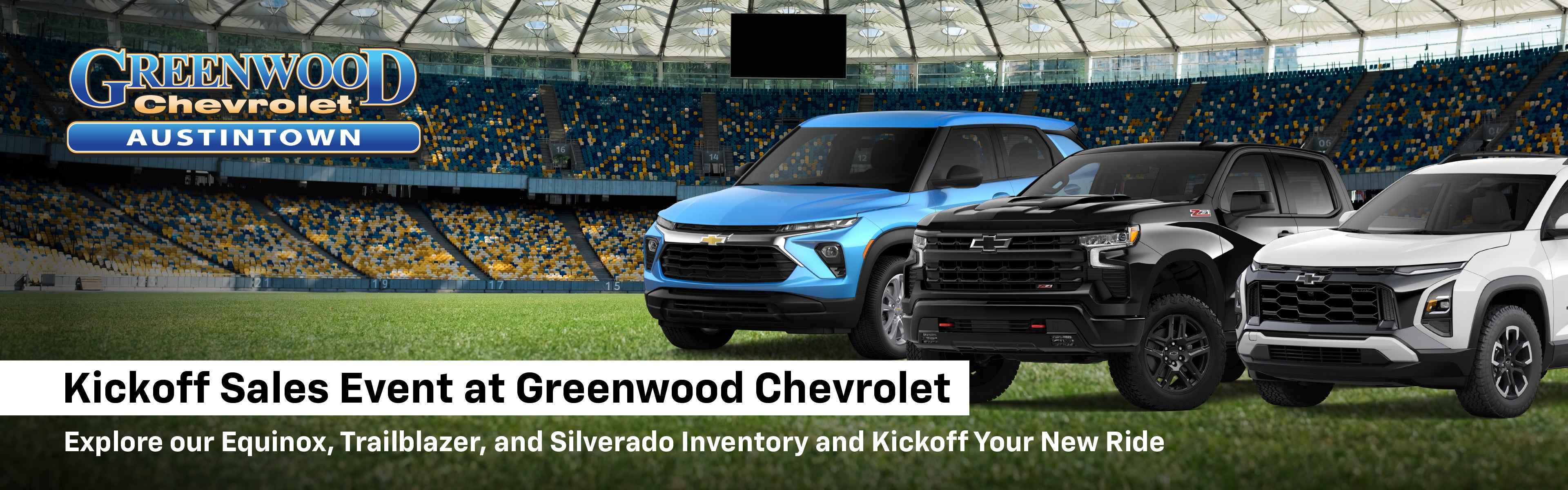 Vehicles in football stadium highlighting sales event